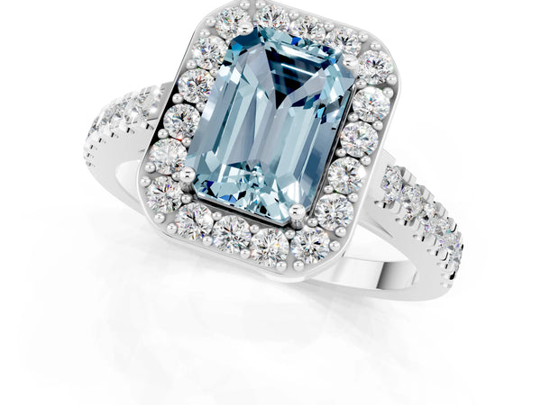 Platinum Emerald Cut Aquamarine Halo Ring with Round Pavé Split Shank and Prong Setting