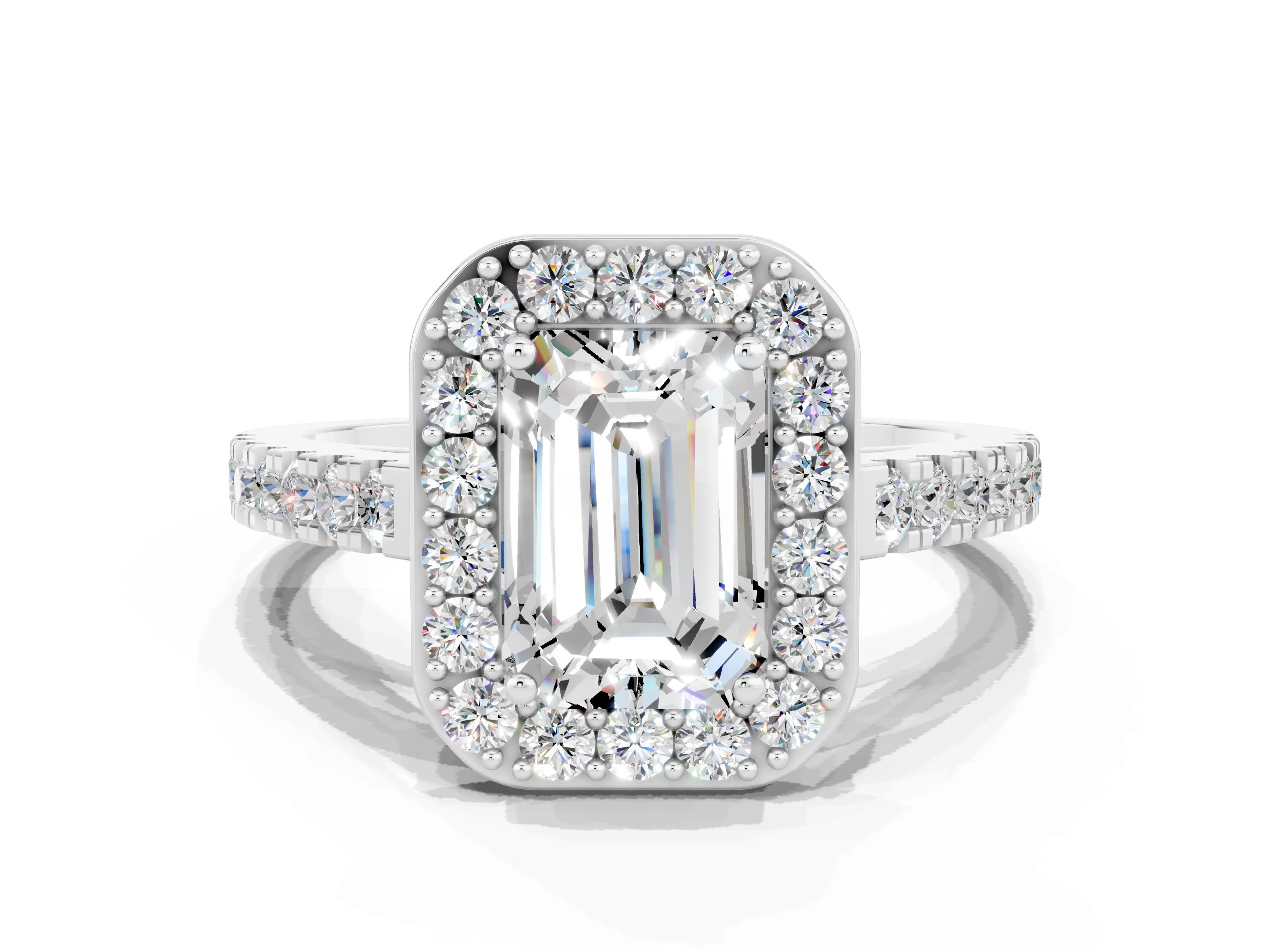 White gold Emerald Cut Halo Diamond Ring with Pavé Band and Three-Prong Setting