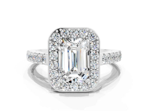 White gold Emerald Cut Halo Diamond Ring with Pavé Band and Three-Prong Setting