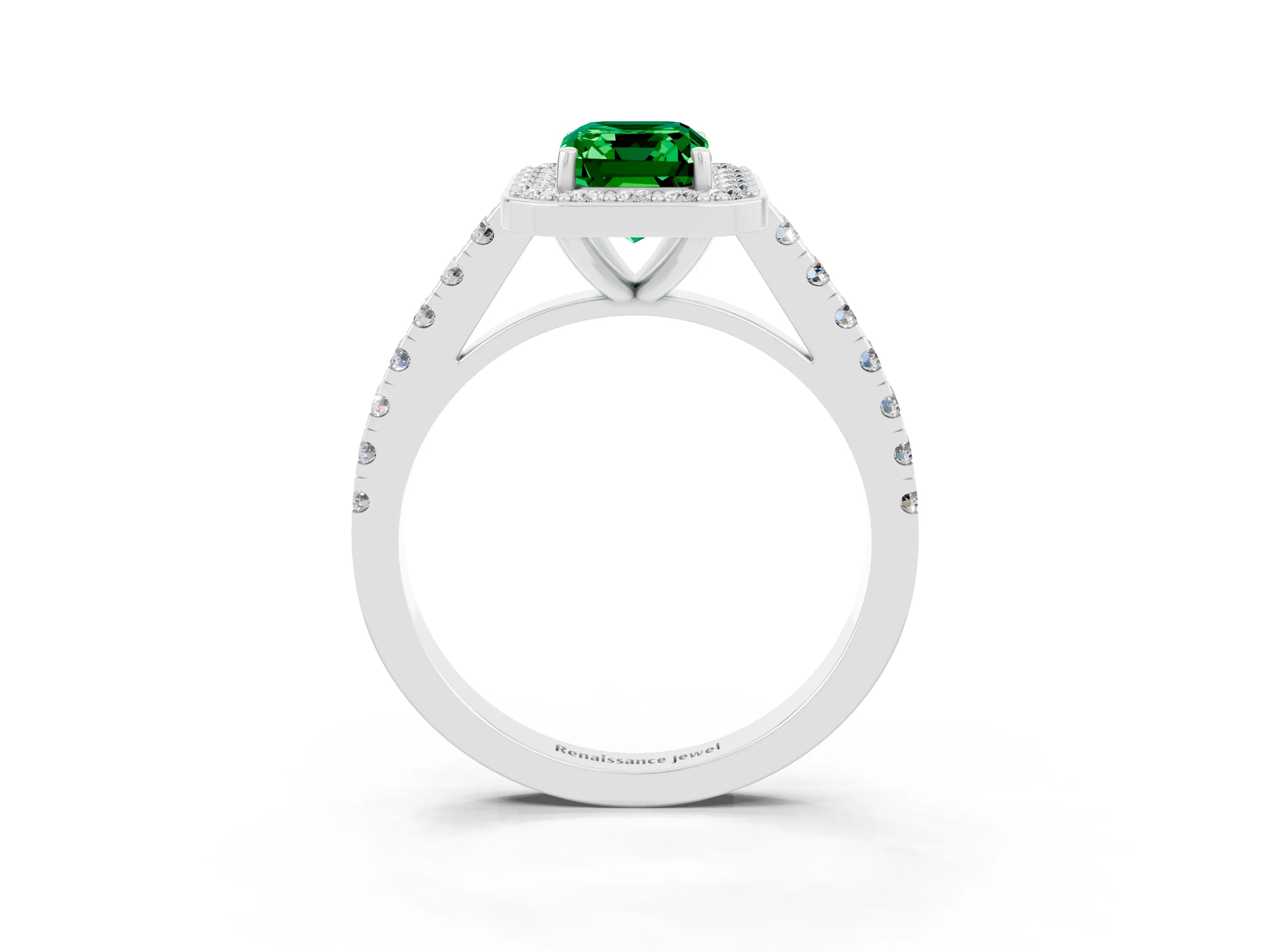 White gold Emerald Cut Halo Diamond Ring with Pavé Band and Three-Prong Setting_27