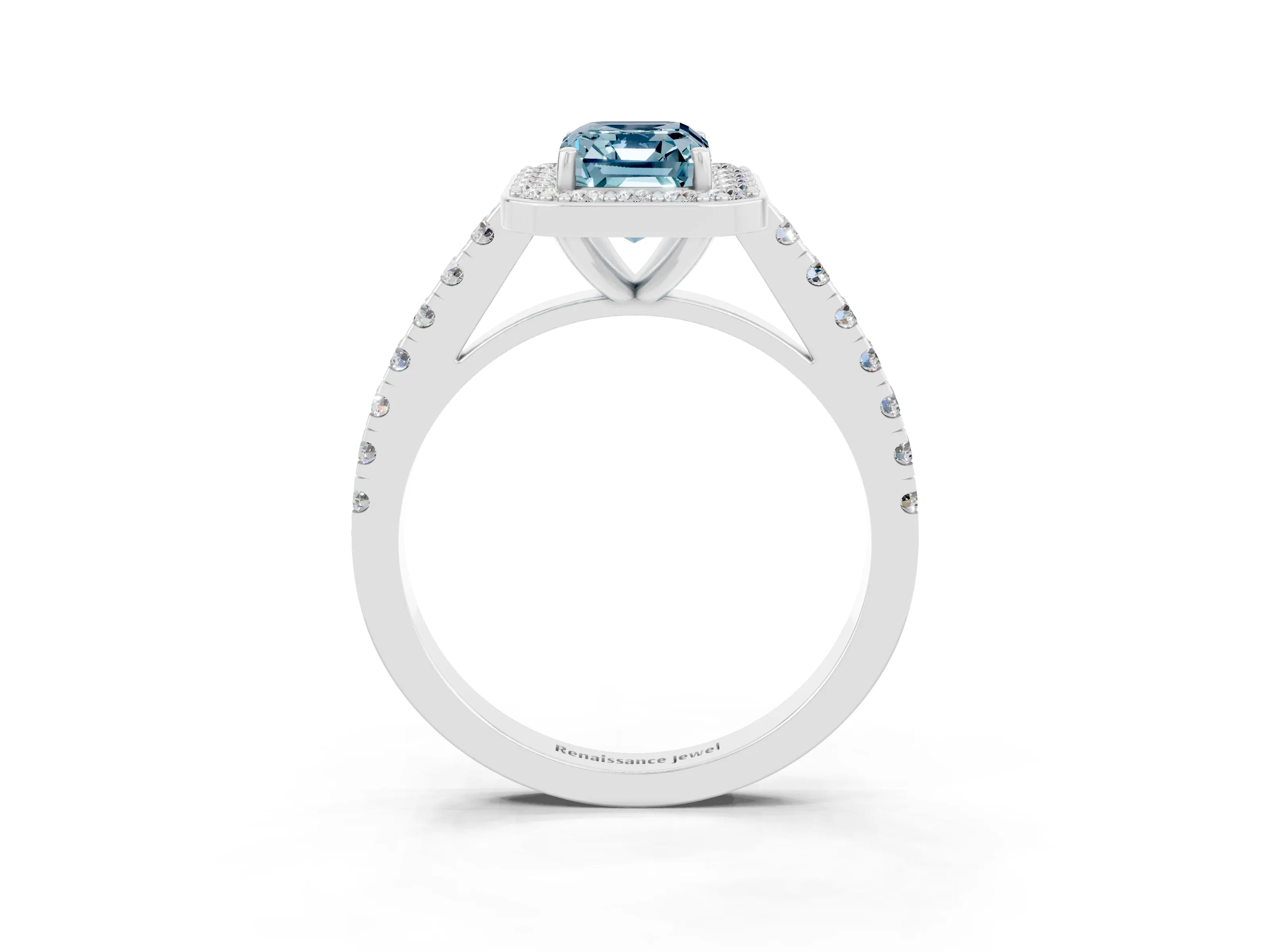 White gold Emerald Cut Halo Diamond Ring with Pavé Band and Three-Prong Setting_27