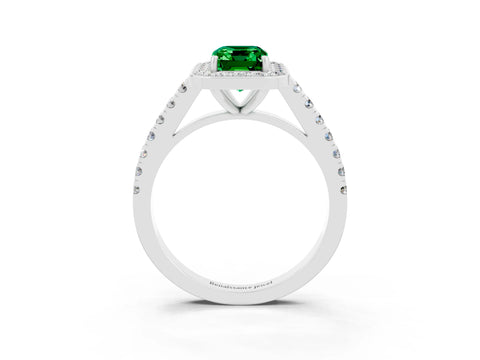 White gold Emerald Cut Halo Diamond Ring with Pavé Band and Three-Prong Setting_27