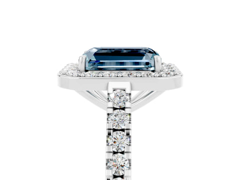 White gold Emerald Cut Halo Diamond Ring with Pavé Band and Three-Prong Setting_29