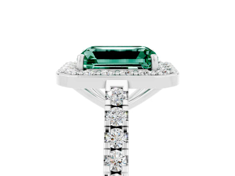 White gold Emerald Cut Halo Diamond Ring with Pavé Band and Three-Prong Setting_29
