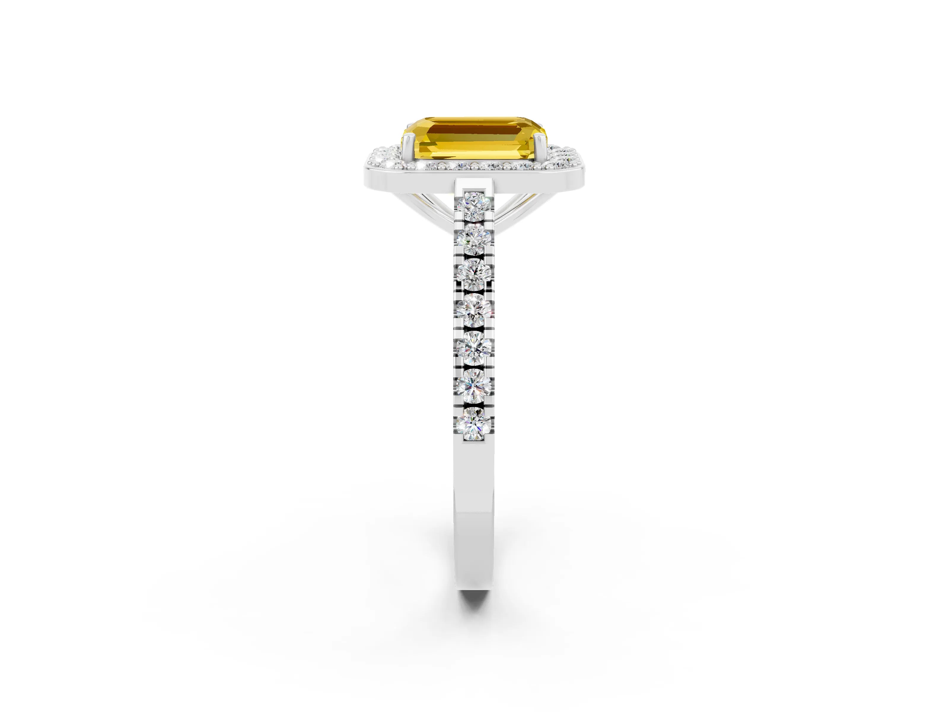 White gold Emerald Cut Halo Diamond Ring with Pavé Band and Three-Prong Setting_2