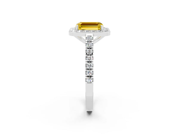 Silver Emerald Cut Yellow Sapphire Halo Ring with Round Pavé Split Shank and Prong Setting