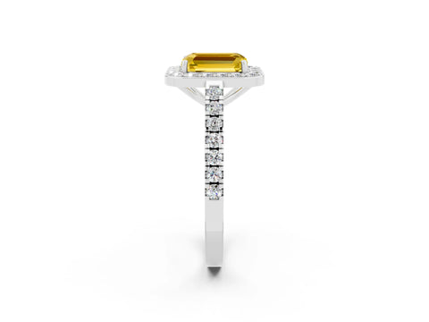 White gold Emerald Cut Halo Diamond Ring with Pavé Band and Three-Prong Setting_2