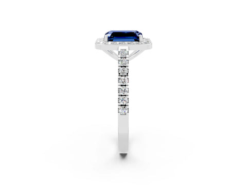 White gold Emerald Cut Halo Diamond Ring with Pavé Band and Three-Prong Setting_2
