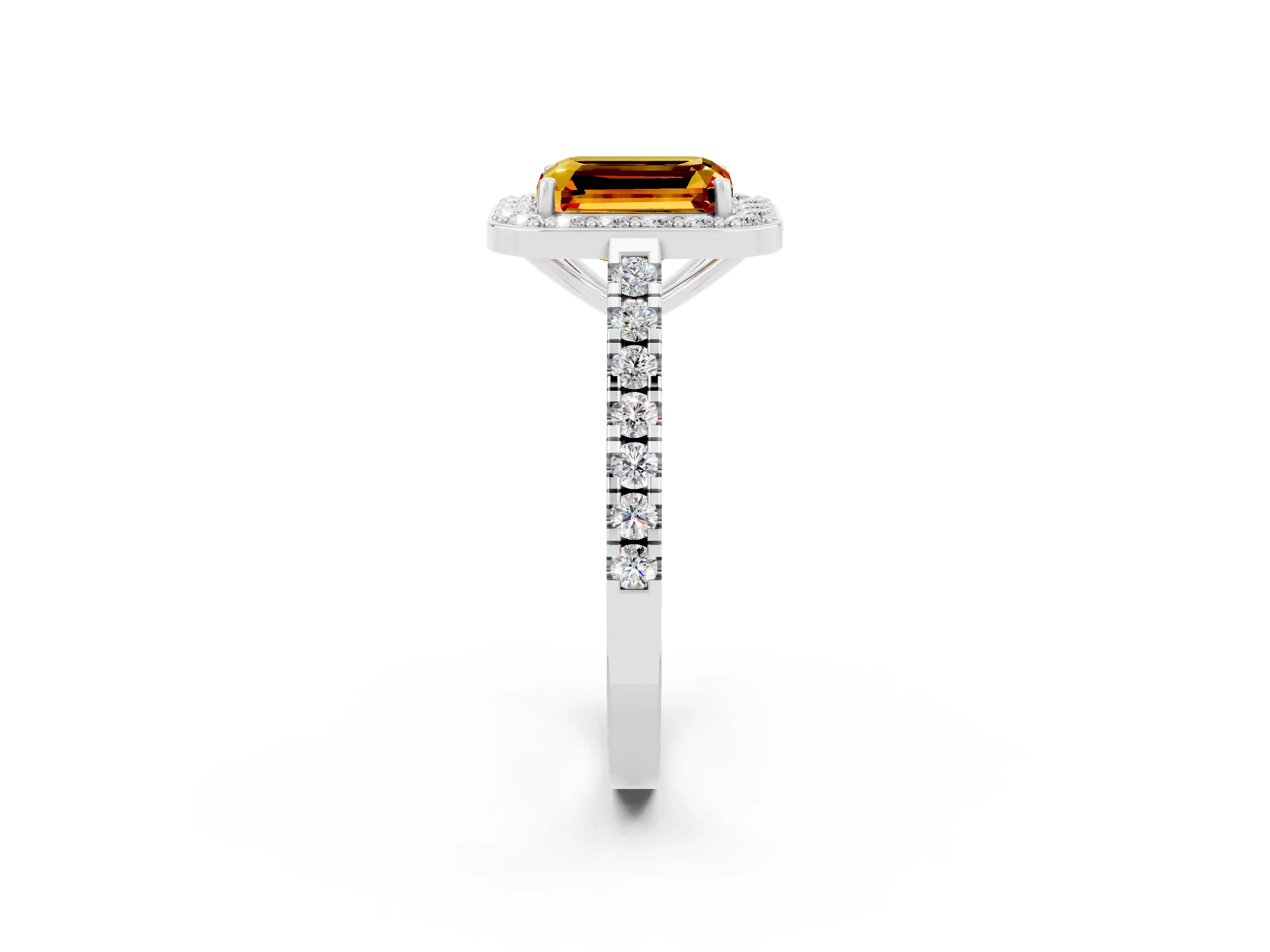 White gold Emerald Cut Halo Diamond Ring with Pavé Band and Three-Prong Setting_2