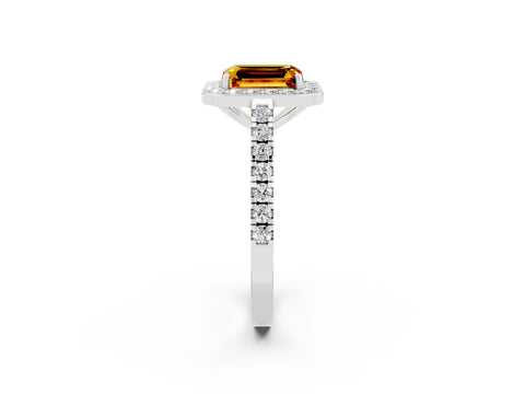 White gold Emerald Cut Halo Diamond Ring with Pavé Band and Three-Prong Setting_2