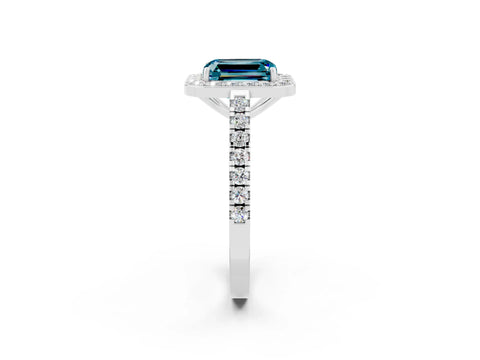 White gold Emerald Cut Halo Diamond Ring with Pavé Band and Three-Prong Setting_2