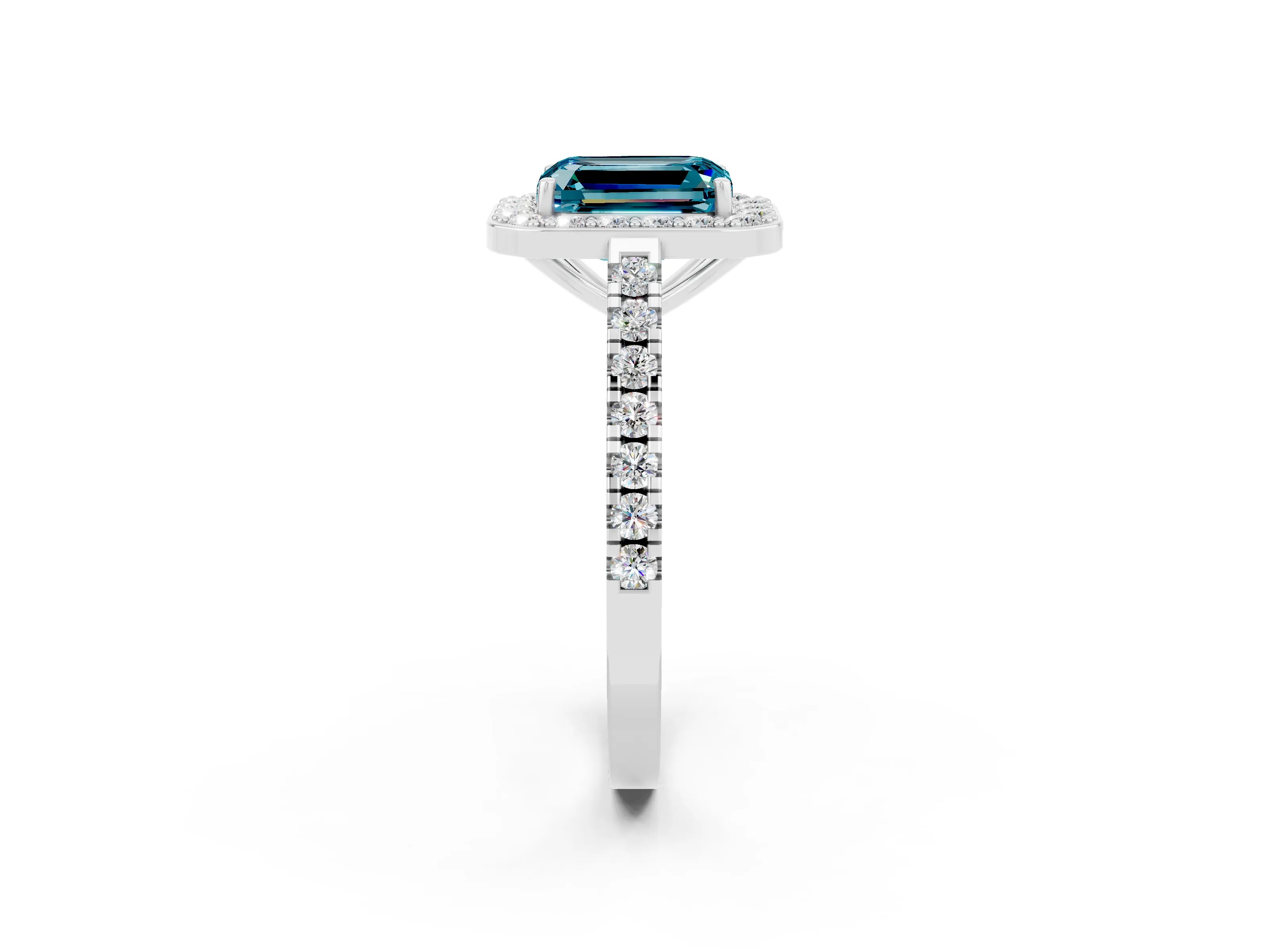 White gold Emerald Cut Halo Diamond Ring with Pavé Band and Three-Prong Setting_2