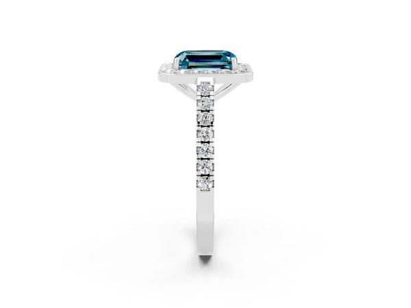 Platinum Emerald Cut Halo Diamond Ring with Pavé Band and Three-Prong Setting