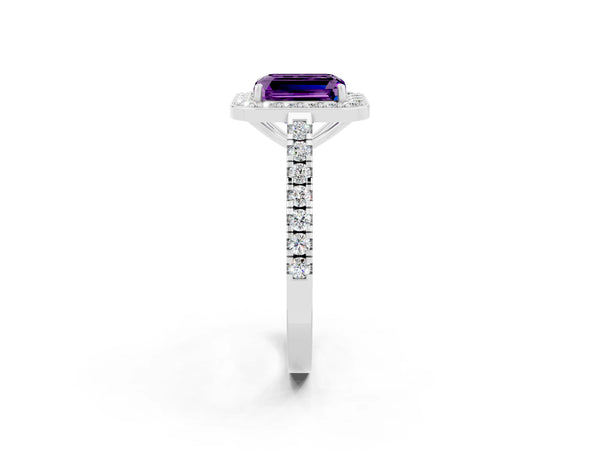 White gold Emerald Cut Amethyst Halo Ring with Round Pavé Split Shank and Prong Setting