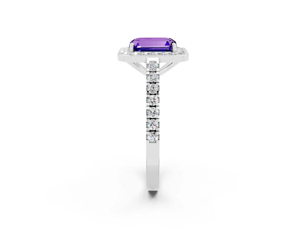 Platinum Emerald Cut Tanzanite Halo Ring with Round Pavé Split Shank and Prong Setting