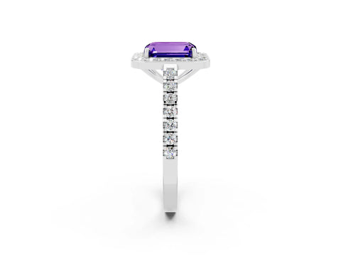 White gold Emerald Cut Halo Diamond Ring with Pavé Band and Three-Prong Setting_2