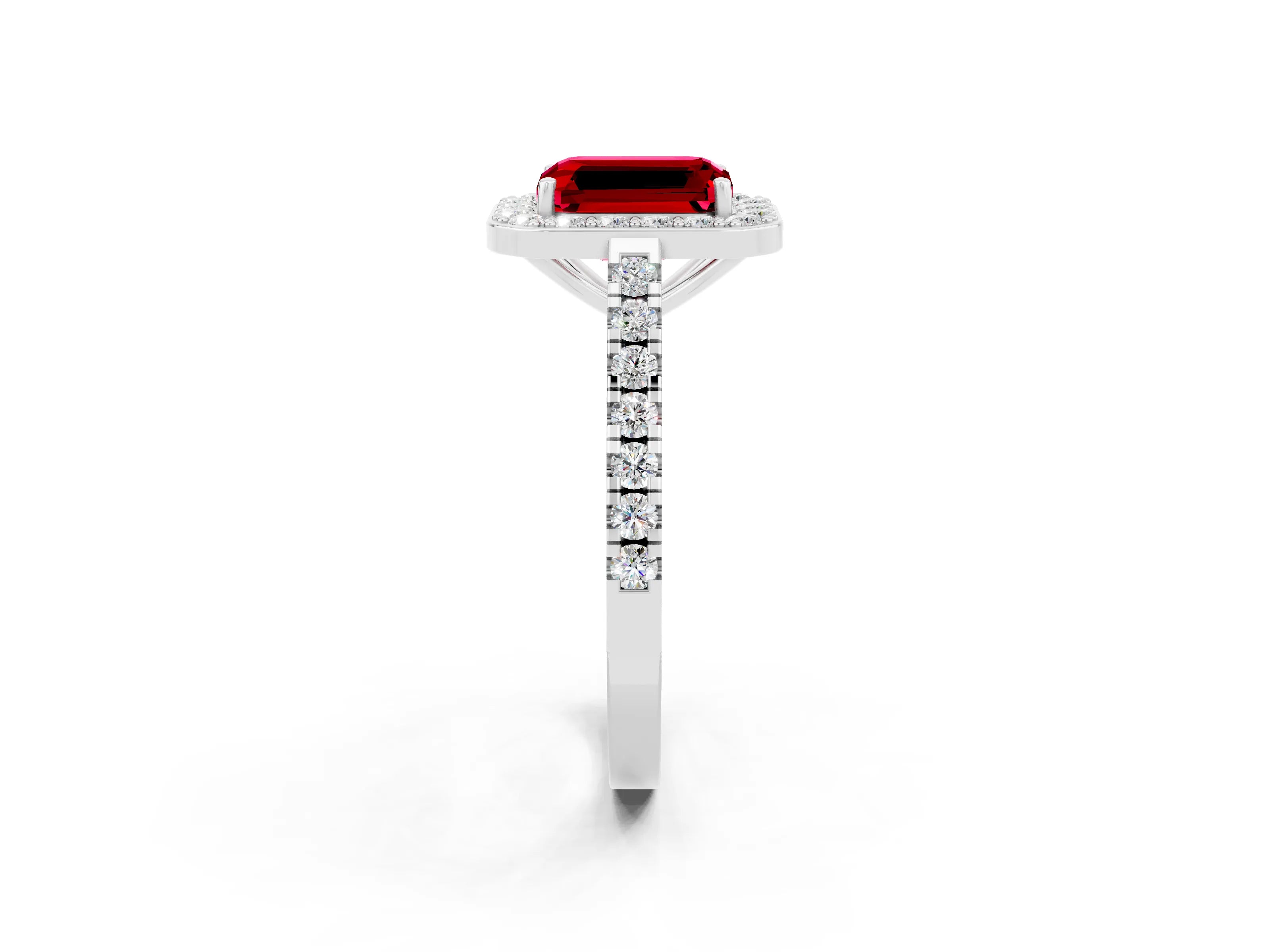 White gold Emerald Cut Halo Diamond Ring with Pavé Band and Three-Prong Setting_2