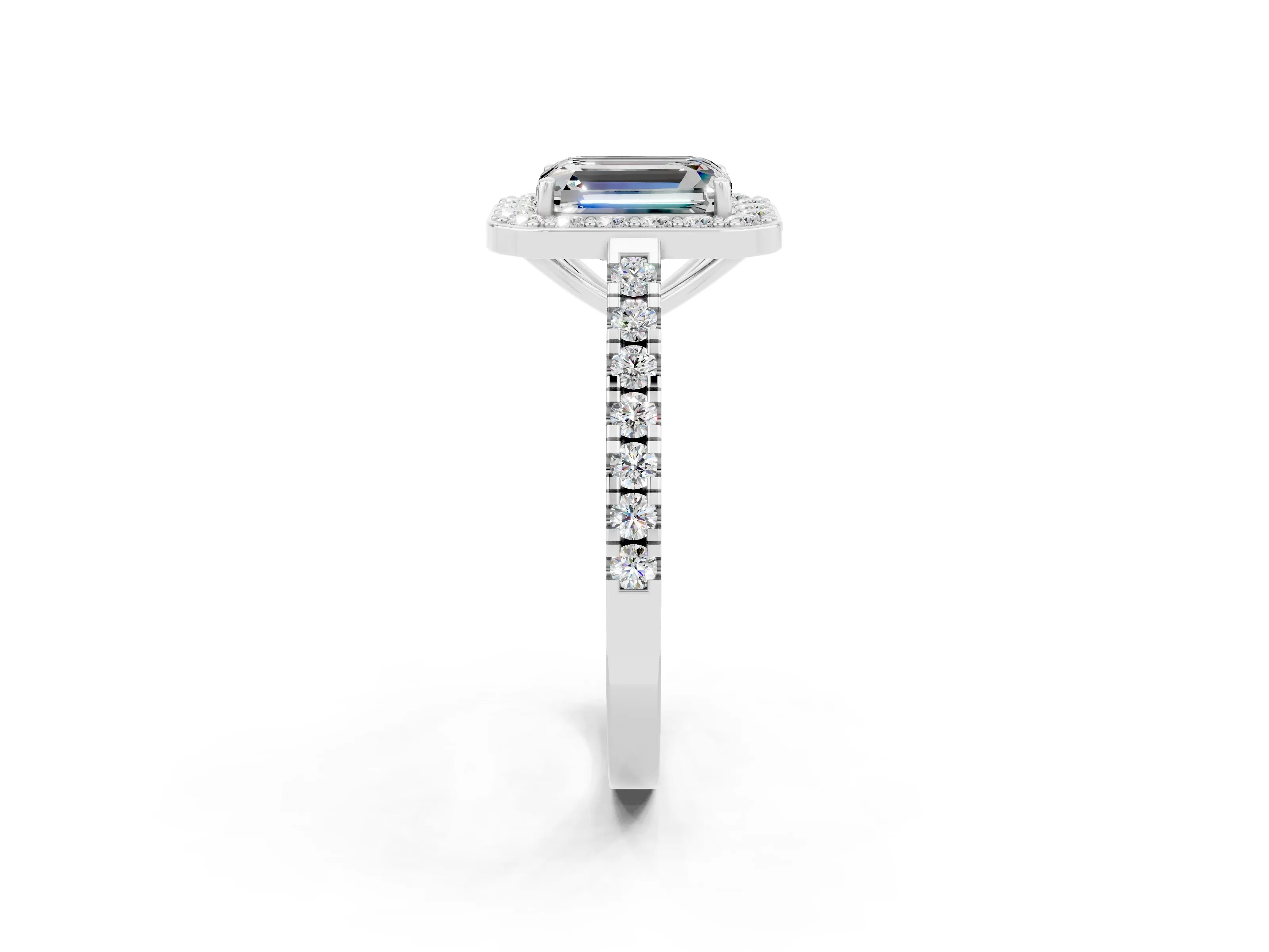 White gold Emerald Cut Halo Diamond Ring with Pavé Band and Three-Prong Setting_2