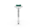 White gold Emerald Cut Halo Diamond Ring with Pavé Band and Three-Prong Setting_2