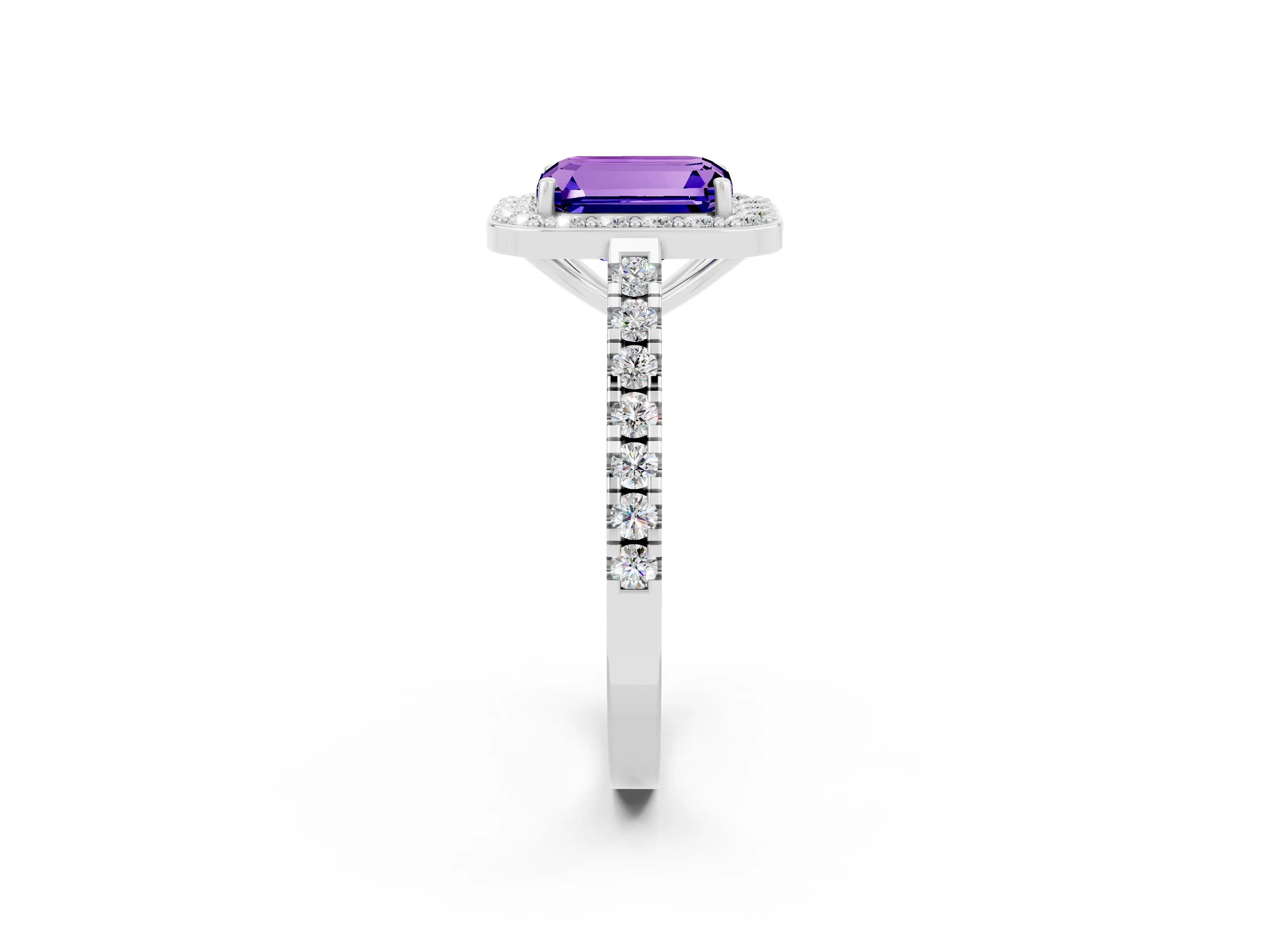 White gold Emerald Cut Halo Diamond Ring with Pavé Band and Three-Prong Setting_2