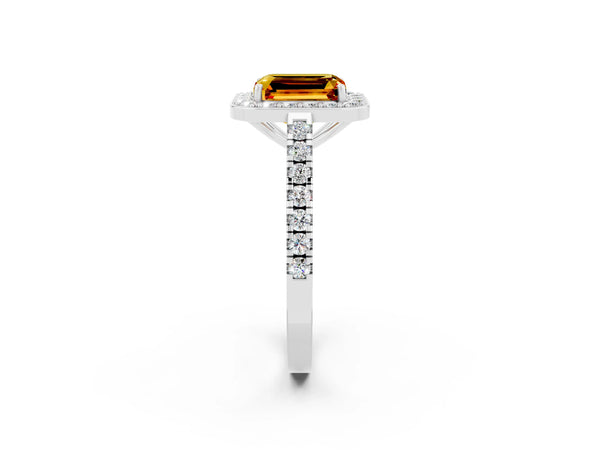 Platinum Emerald Cut Citrine Halo Ring with Round Pavé Split Shank and Prong Setting