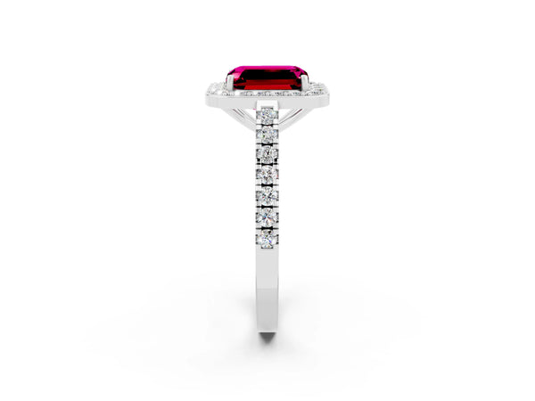 Platinum Emerald Cut Garnet Halo Ring with Round Pavé Split Shank and Prong Setting