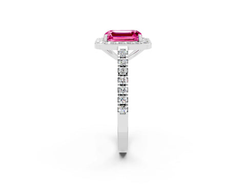 White gold Emerald Cut Halo Diamond Ring with Pavé Band and Three-Prong Setting_2