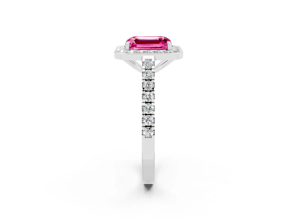 Silver Emerald Cut Pink Sapphire Halo Ring with Round Pavé Split Shank and Prong Setting