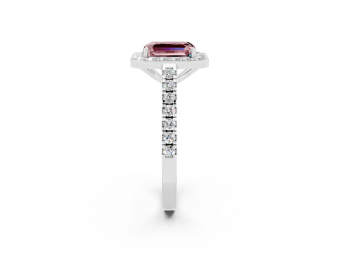 White gold Emerald Cut Halo Diamond Ring with Pavé Band and Three-Prong Setting_2