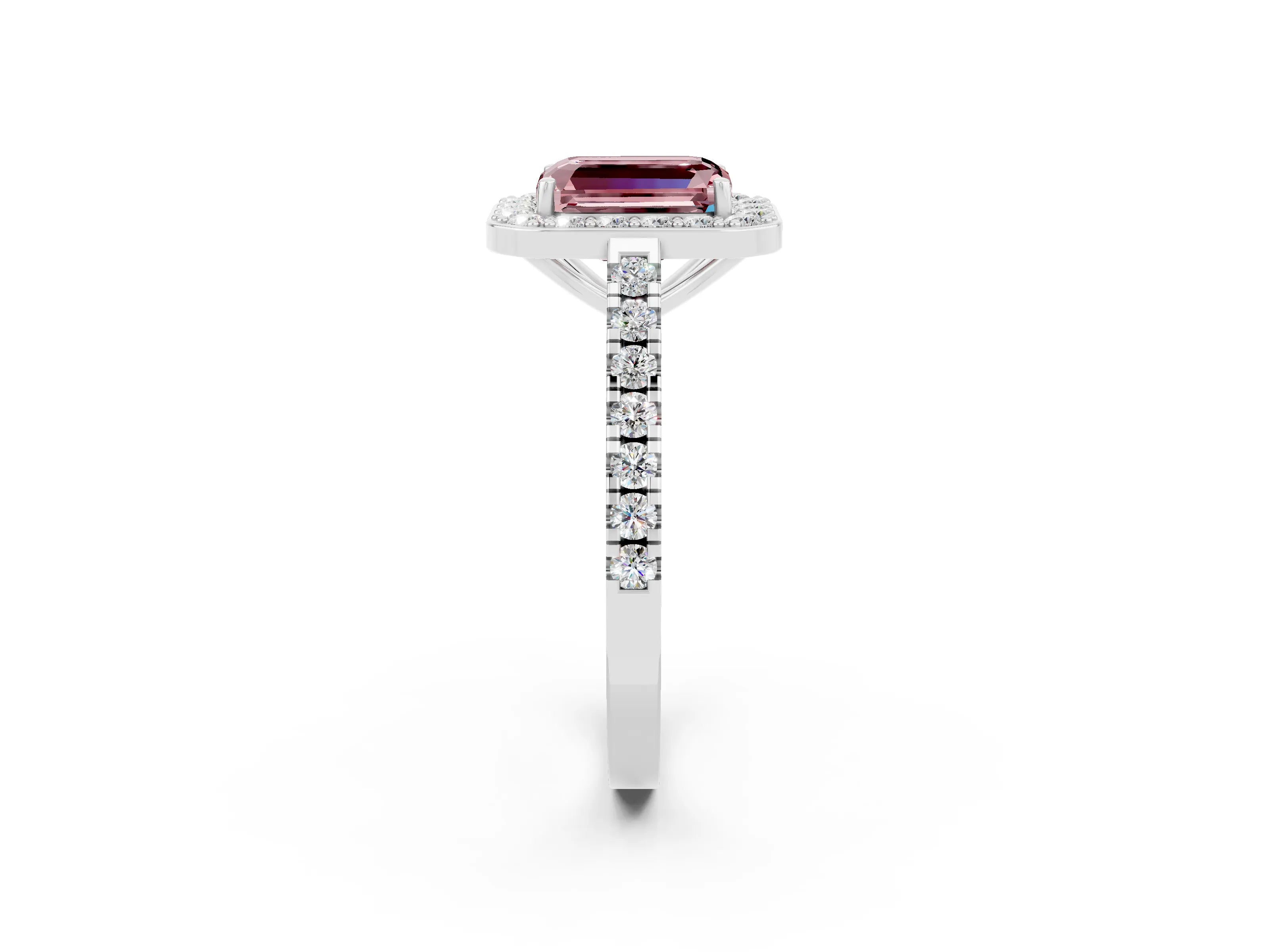 White gold Emerald Cut Halo Diamond Ring with Pavé Band and Three-Prong Setting_2