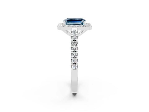 White gold Emerald Cut Halo Diamond Ring with Pavé Band and Three-Prong Setting_2