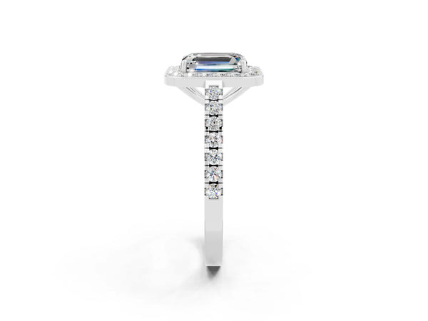 Platinum Emerald Cut Moissanite Halo Ring with Round Pavé Split Shank and Prong Setting