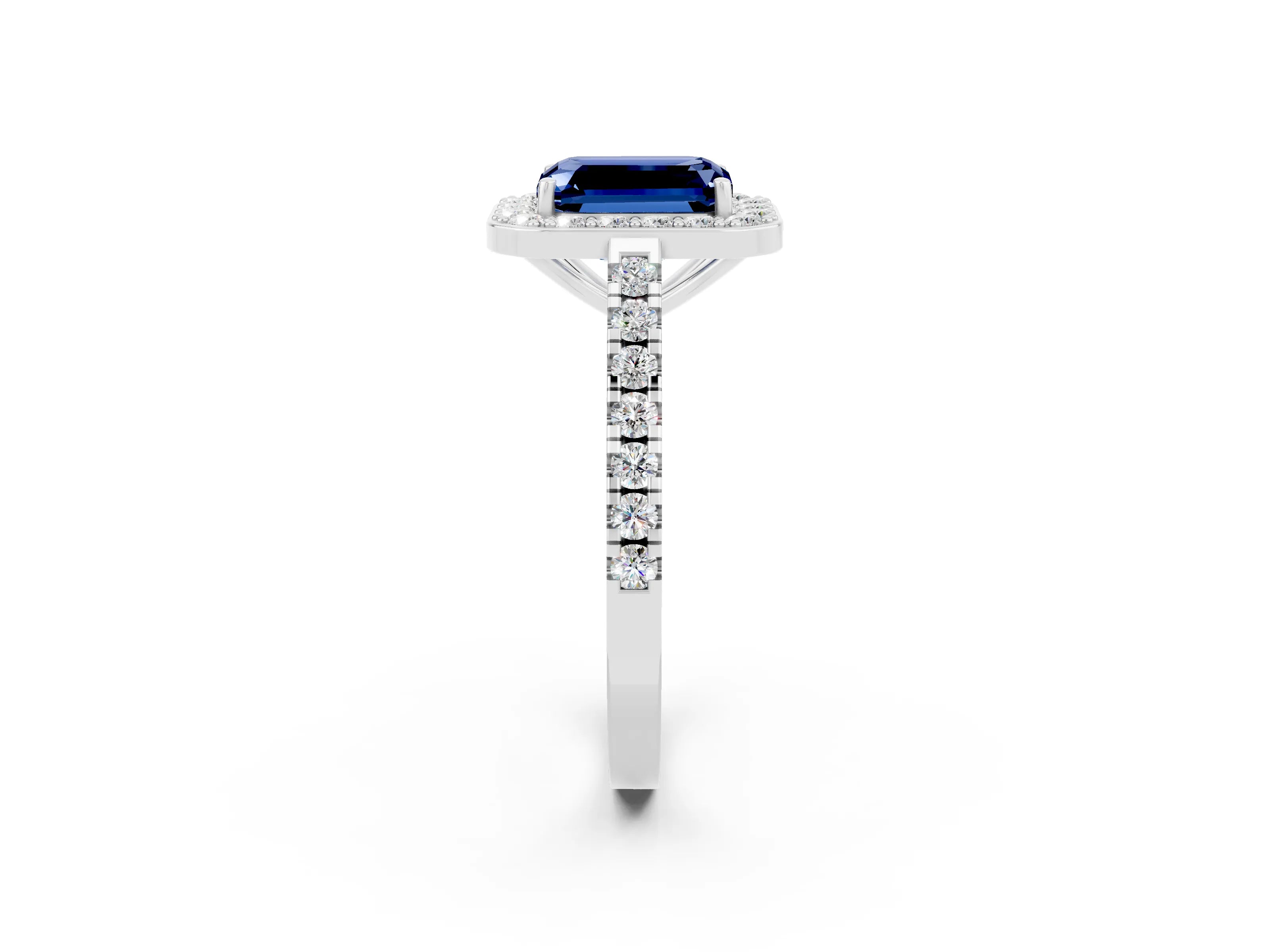White gold Emerald Cut Halo Diamond Ring with Pavé Band and Three-Prong Setting_2