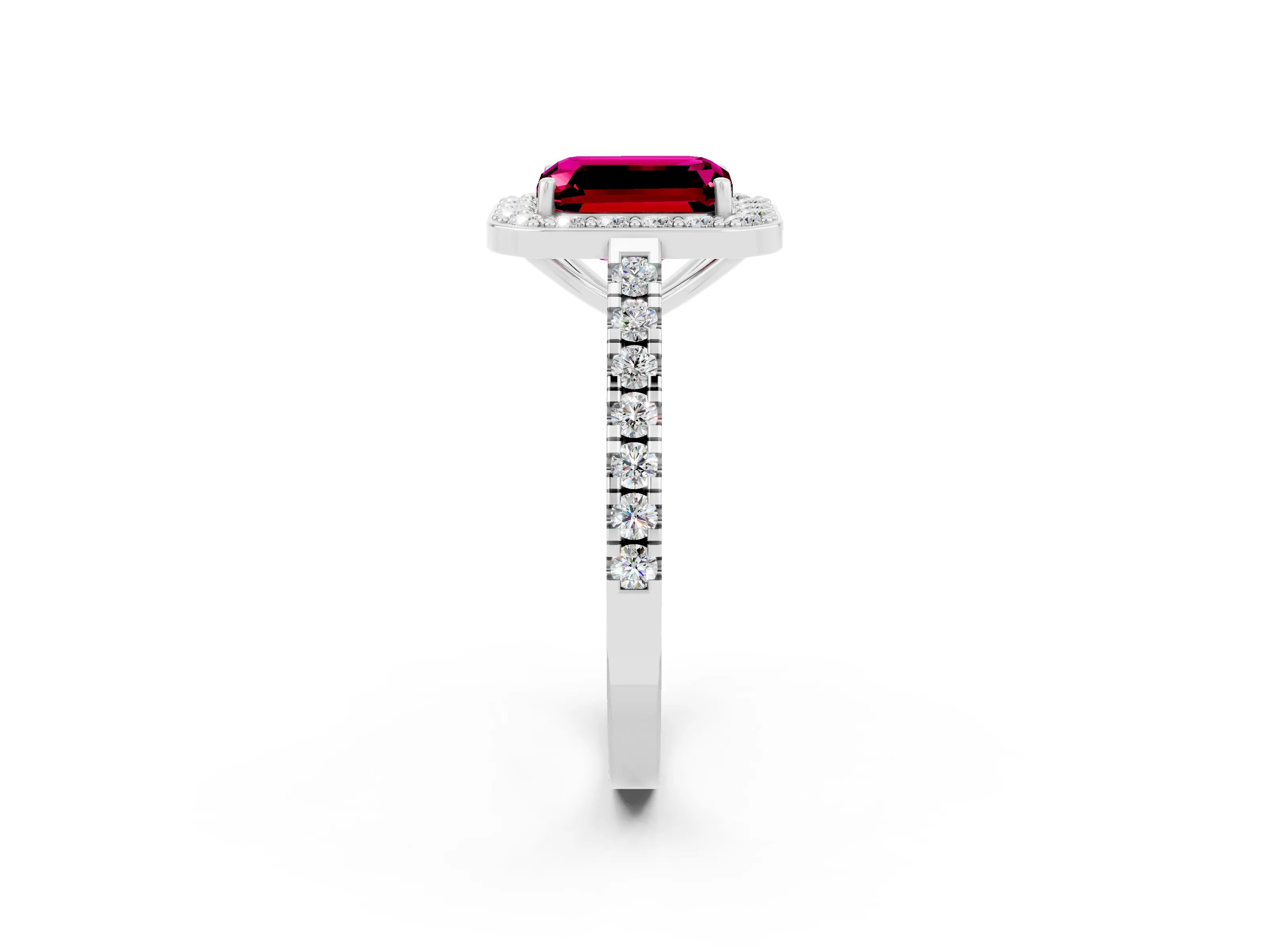 White gold Emerald Cut Halo Diamond Ring with Pavé Band and Three-Prong Setting_2
