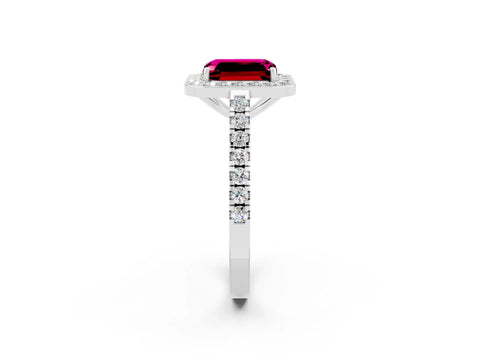 White gold Emerald Cut Halo Diamond Ring with Pavé Band and Three-Prong Setting_2