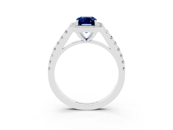 Platinum Emerald Cut Blue Sapphire Halo Ring with Round Pavé Split Shank and Prong Setting