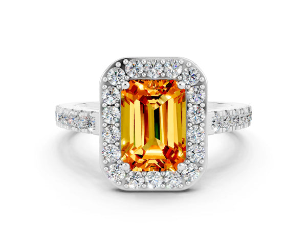 Silver Emerald Cut Citrine Halo Ring with Round Pavé Split Shank and Prong Setting