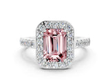 White gold Emerald Cut Halo Diamond Ring with Pavé Band and Three-Prong Setting