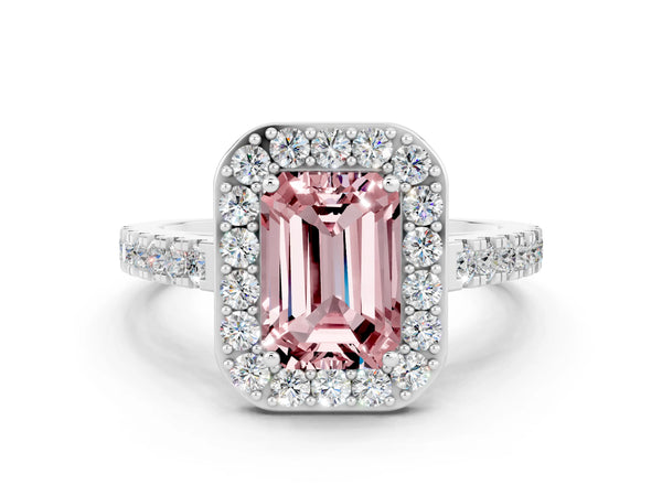 Silver Emerald Cut Halo Diamond Ring with Pavé Band and Three-Prong Setting