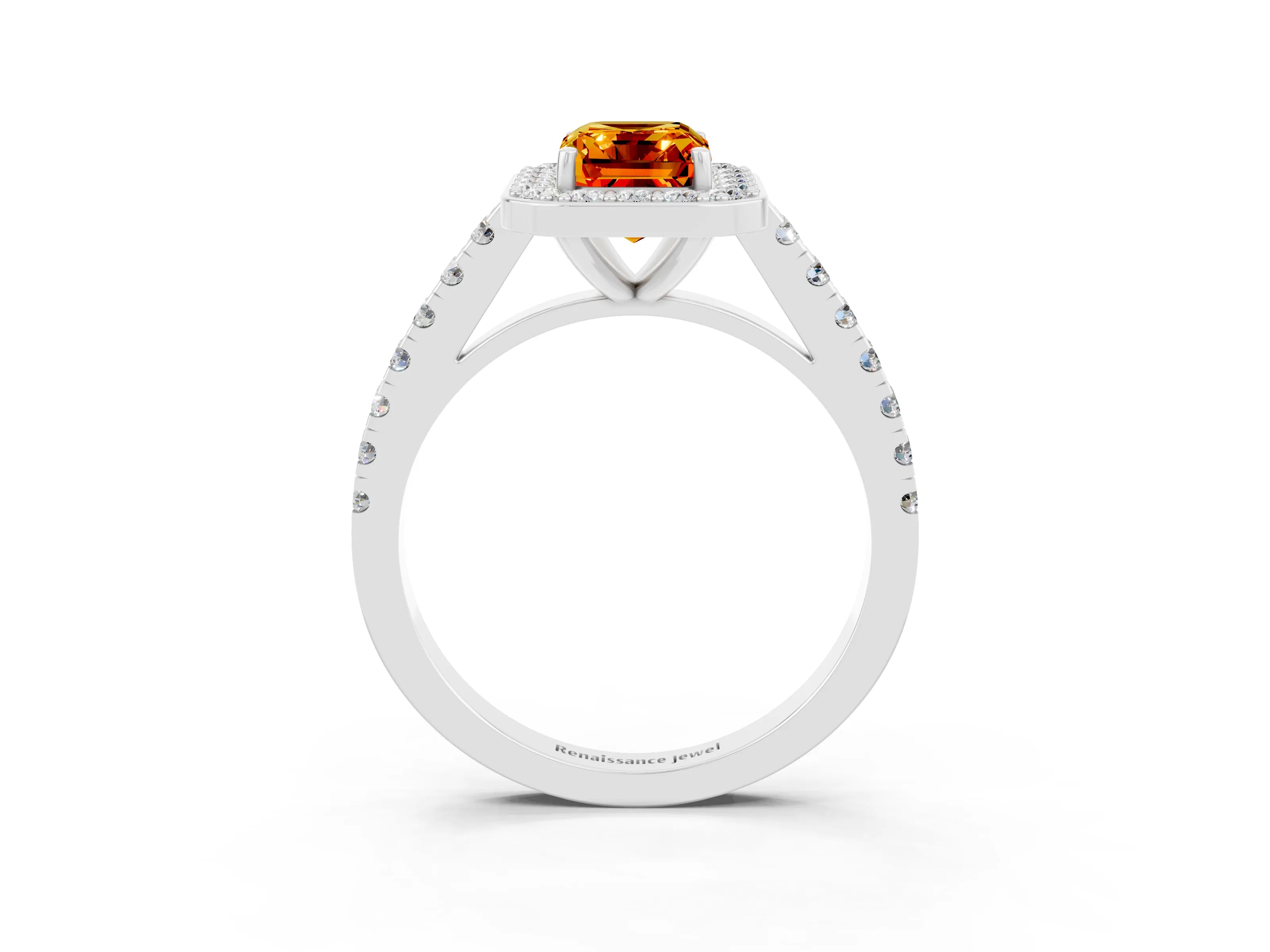 White gold Emerald Cut Halo Diamond Ring with Pavé Band and Three-Prong Setting_3