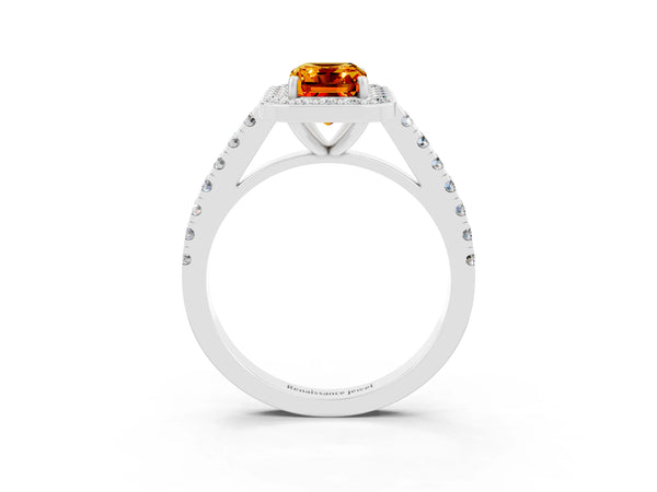 Silver Emerald Cut Citrine Halo Ring with Round Pavé Split Shank and Prong Setting