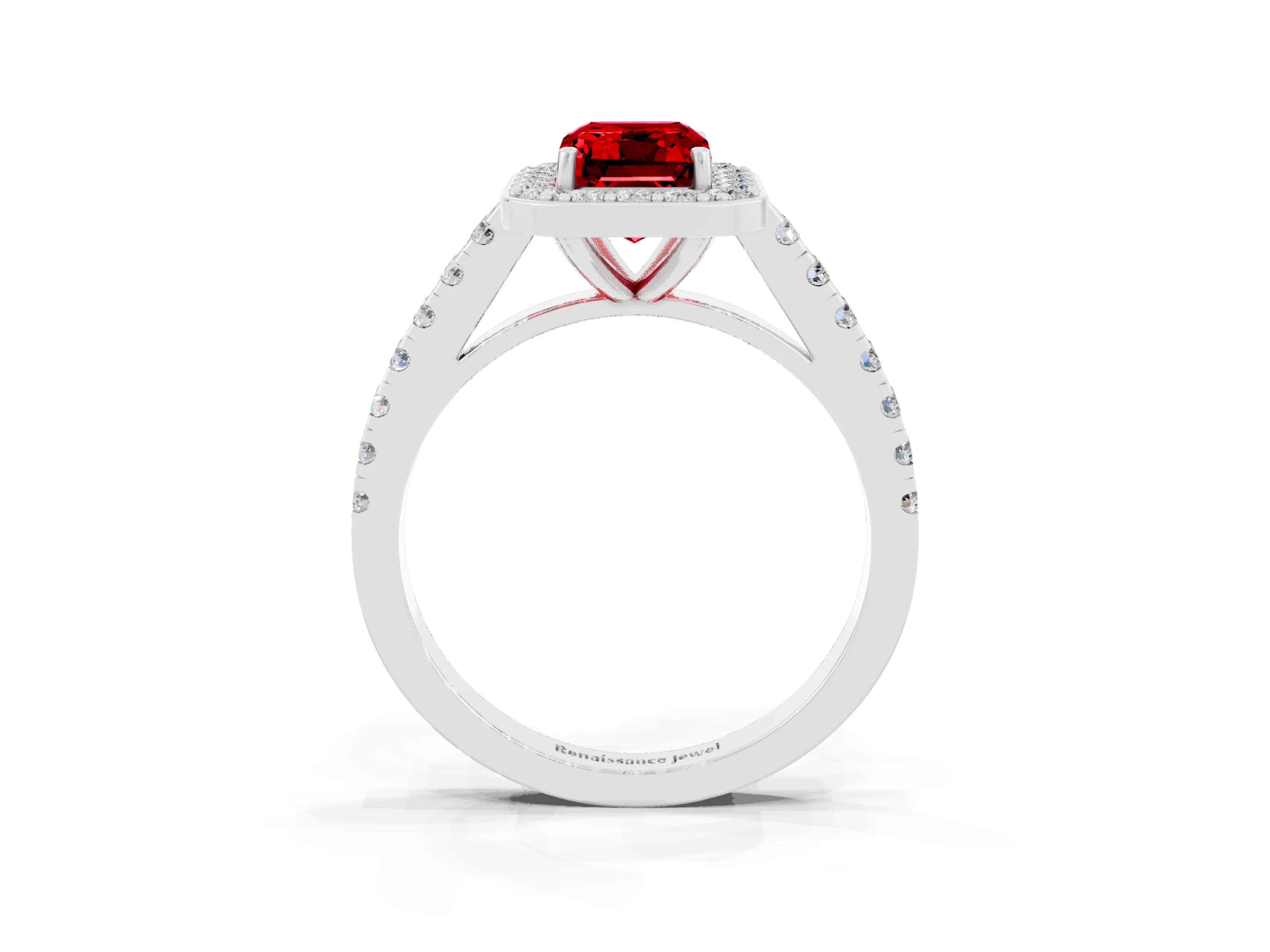 White gold Emerald Cut Halo Diamond Ring with Pavé Band and Three-Prong Setting_3