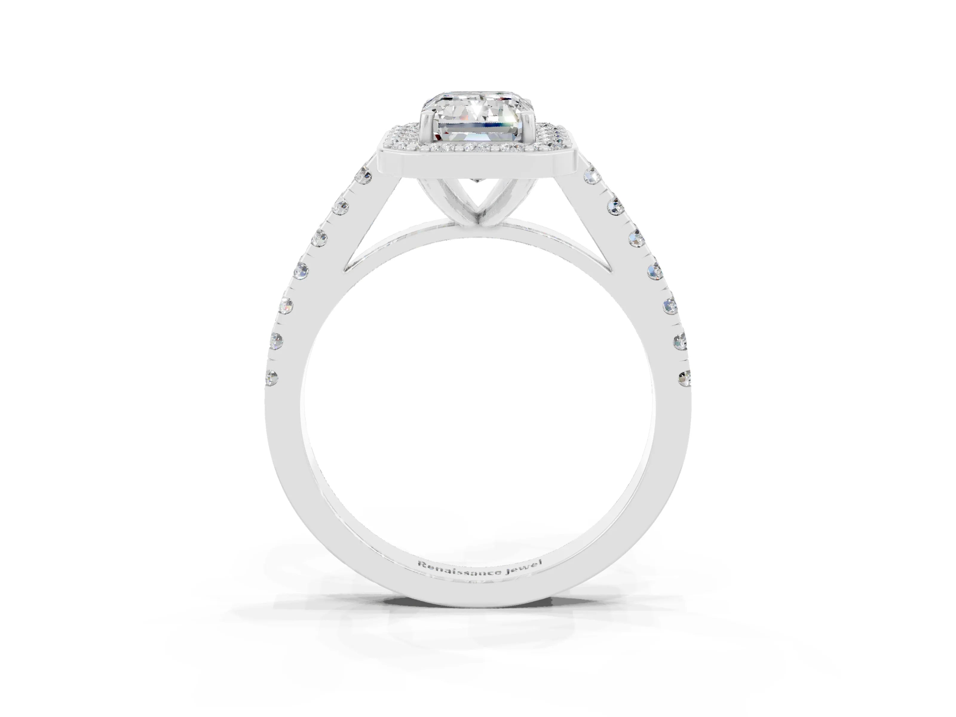 White gold Emerald Cut Halo Diamond Ring with Pavé Band and Three-Prong Setting_3