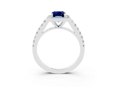 White gold Emerald Cut Halo Diamond Ring with Pavé Band and Three-Prong Setting_3