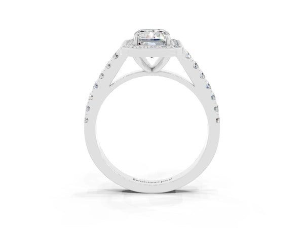 Silver Emerald Cut Moissanite Halo Ring with Round Pavé Split Shank and Prong Setting