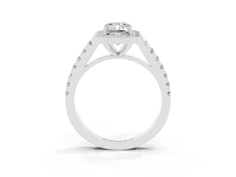 White gold Emerald Cut Halo Diamond Ring with Pavé Band and Three-Prong Setting_3