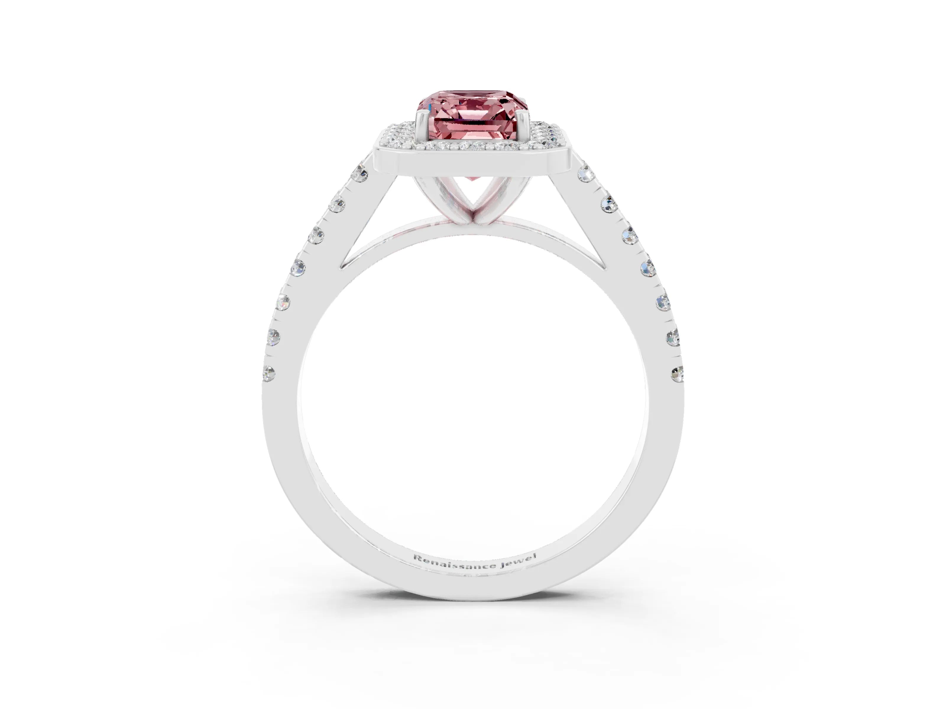 White gold Emerald Cut Halo Diamond Ring with Pavé Band and Three-Prong Setting_3
