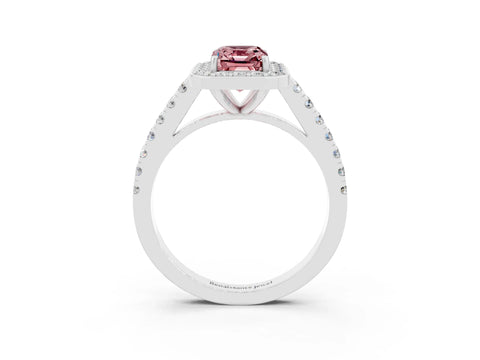 White gold Emerald Cut Halo Diamond Ring with Pavé Band and Three-Prong Setting_3
