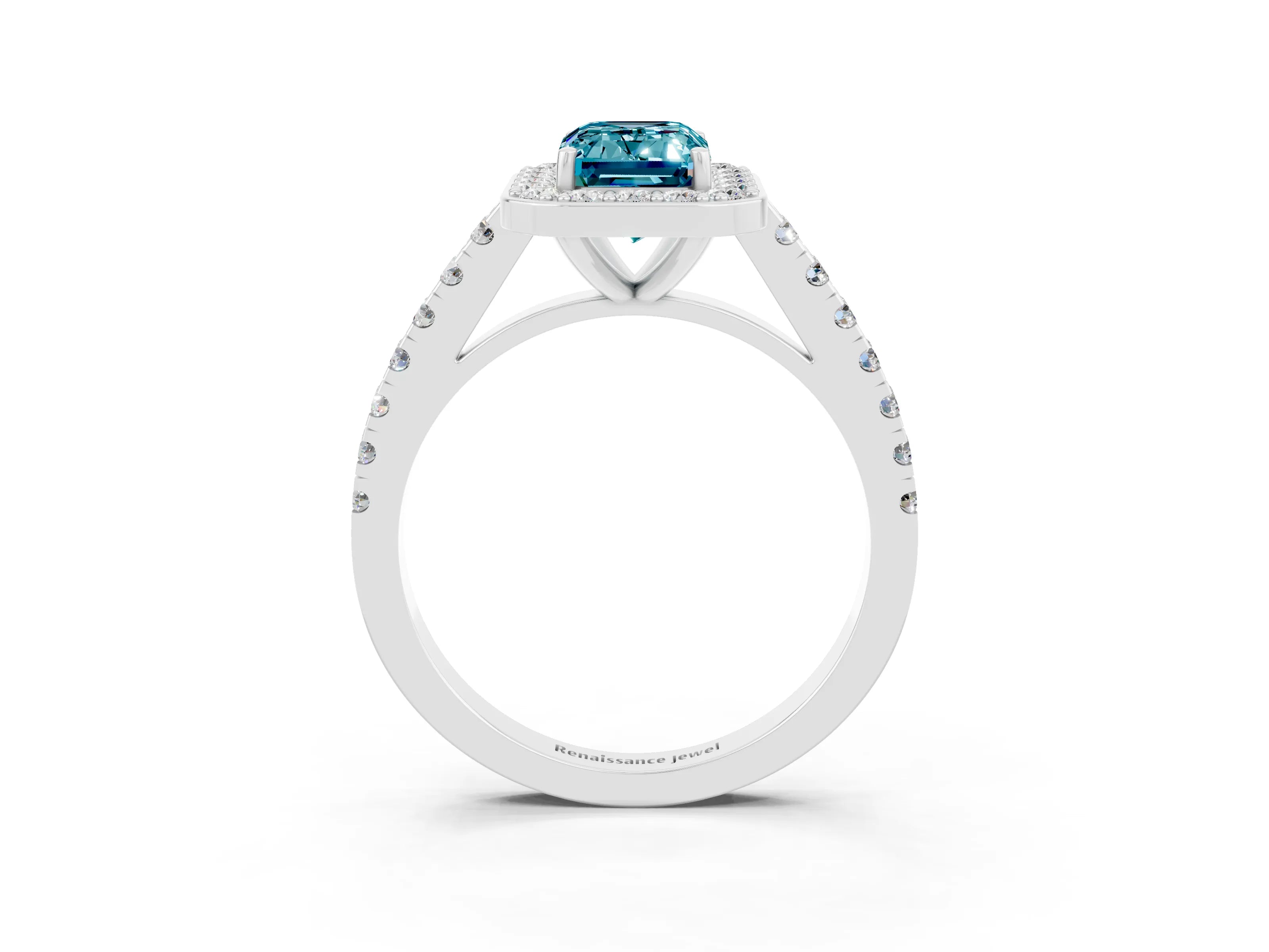 White gold Emerald Cut Halo Diamond Ring with Pavé Band and Three-Prong Setting_3