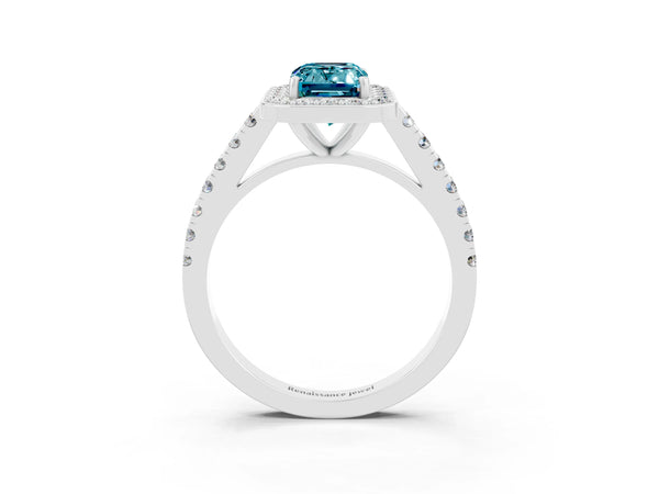 White gold Emerald Cut Halo Diamond Ring with Pavé Band and Three-Prong Setting